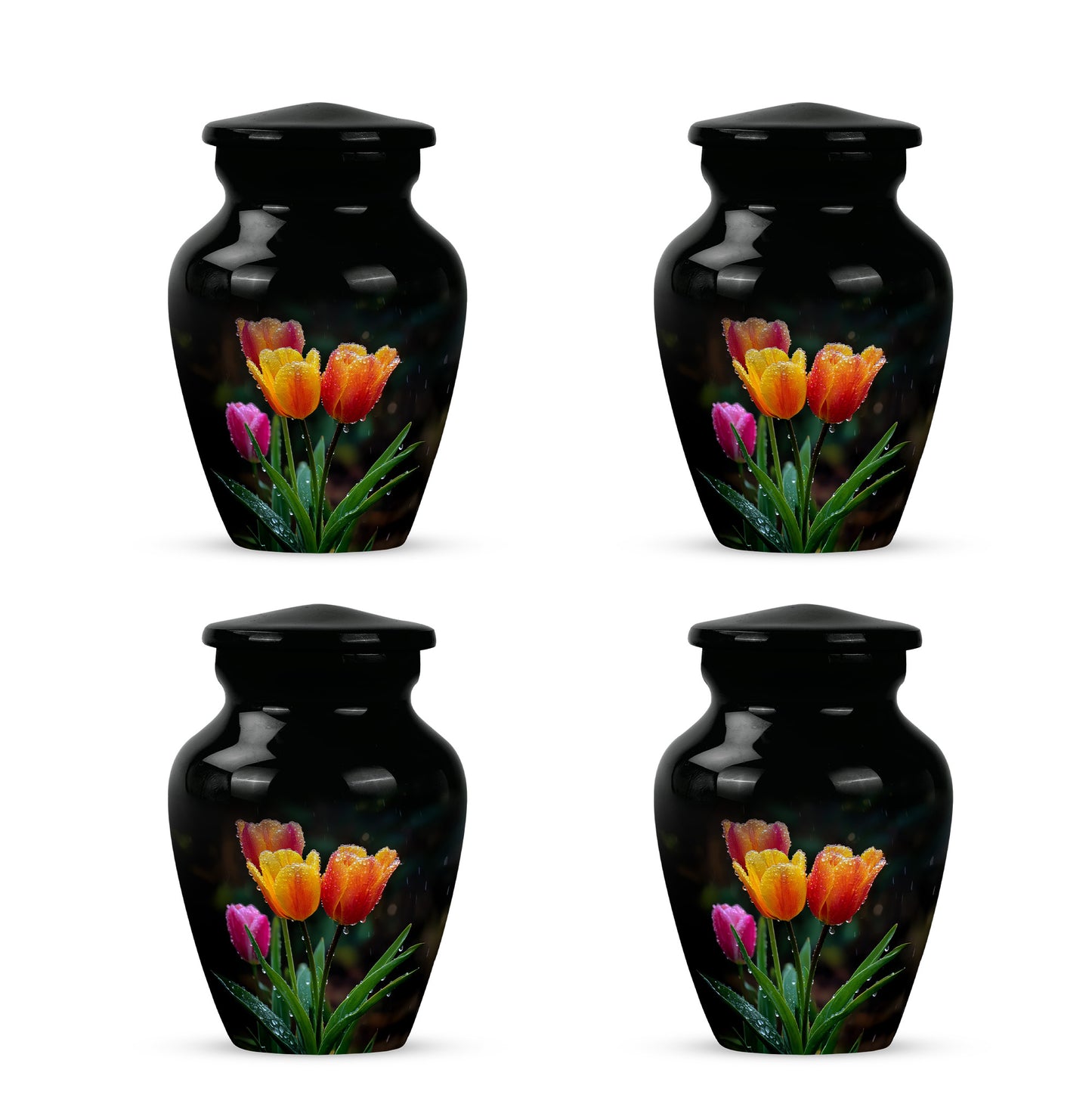 Jet Black Garden Tulip Cremation Urn side profile showing urn shape - timeless garden tulip motif etched into premium metal - 10 inch aluminum urn for cremated remains