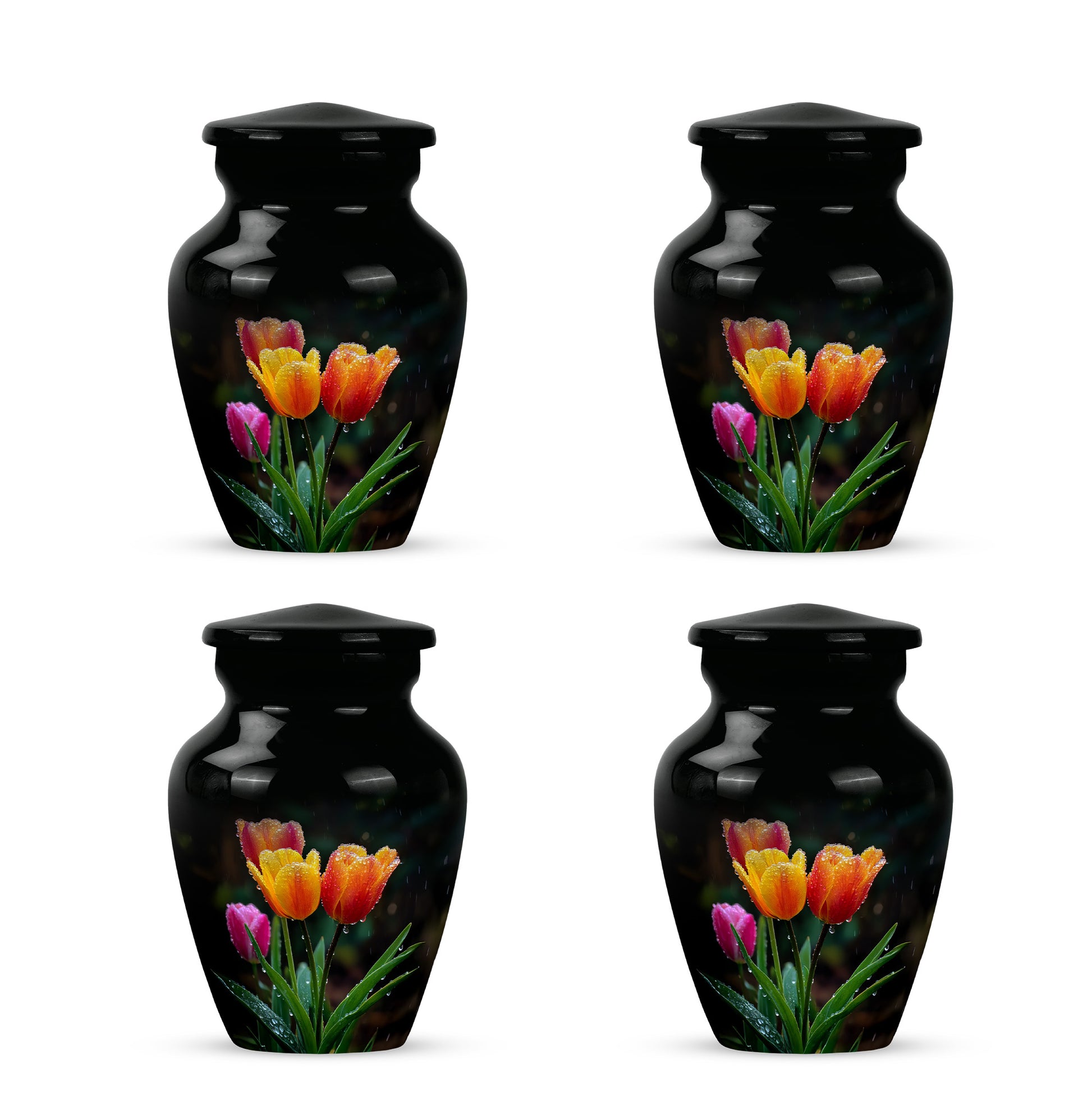Jet Black Garden Tulip Cremation Urn side profile showing urn shape - timeless garden tulip motif etched into premium metal - 10 inch aluminum urn for cremated remains