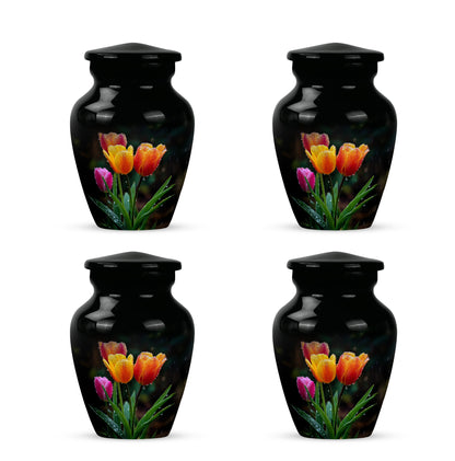 Jet Black Garden Tulip Cremation Urn side profile showing urn shape - timeless garden tulip motif etched into premium metal - 10 inch aluminum urn for cremated remains