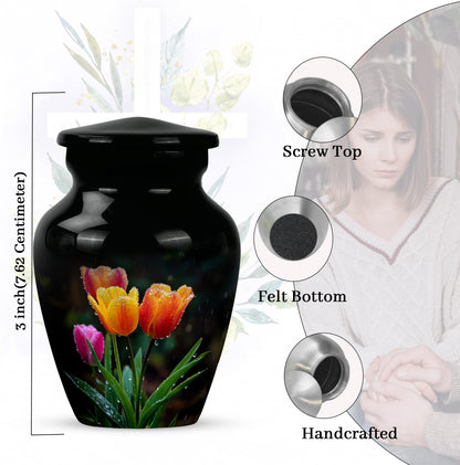 Glossy Black Garden Tulip Cremation Urn close-up of engraving and surface detail - timeless garden tulip motif etched into premium metal - mini keepsake memorial for portion of cremation ashes