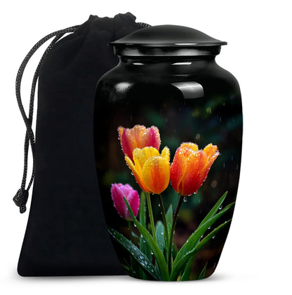 Deep Black Garden Tulip Cremation Urn angled view of lid and engraved motif - timeless garden tulip motif etched into premium metal - full-size 10 inch 200 cubic inch adult cremation urn