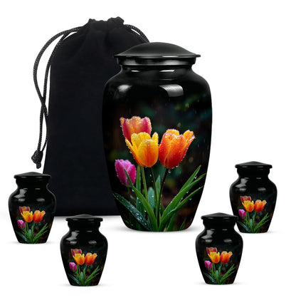 Jet Black Garden Tulip Cremation Urn top-down view of secure threaded lid - timeless garden tulip motif etched into premium metal - memorial set with one large and four small urns