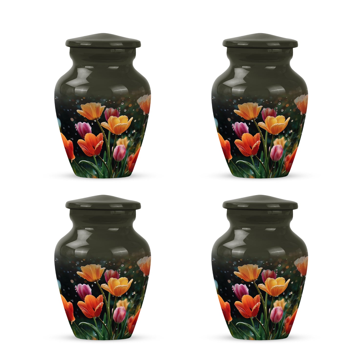Midnight Black Garden Tulip Cremation Urn side profile showing urn shape - elegant classic garden tulip relief with fine detailing - 10 inch aluminum urn for cremated remains