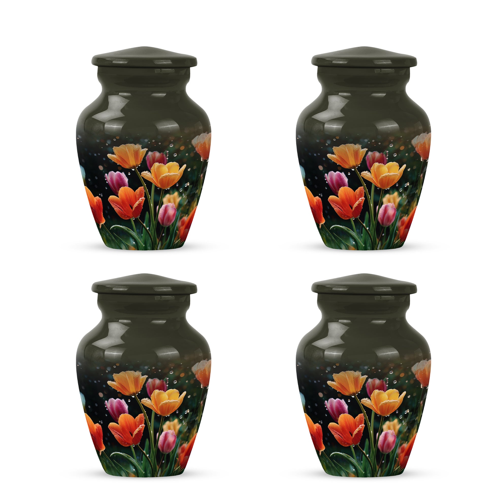 Midnight Black Garden Tulip Cremation Urn side profile showing urn shape - elegant classic garden tulip relief with fine detailing - 10 inch aluminum urn for cremated remains