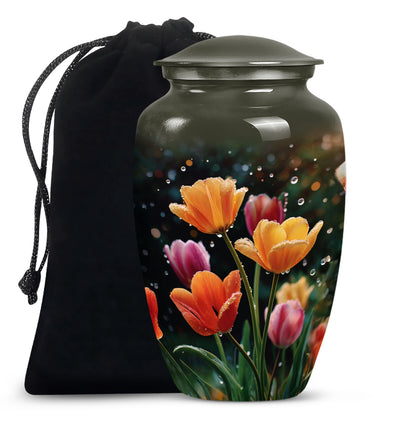 Dark Black Garden Tulip Cremation Urn angled view of lid and engraved motif - elegant classic garden tulip relief with fine detailing - full-size 10 inch 200 cubic inch adult cremation urn