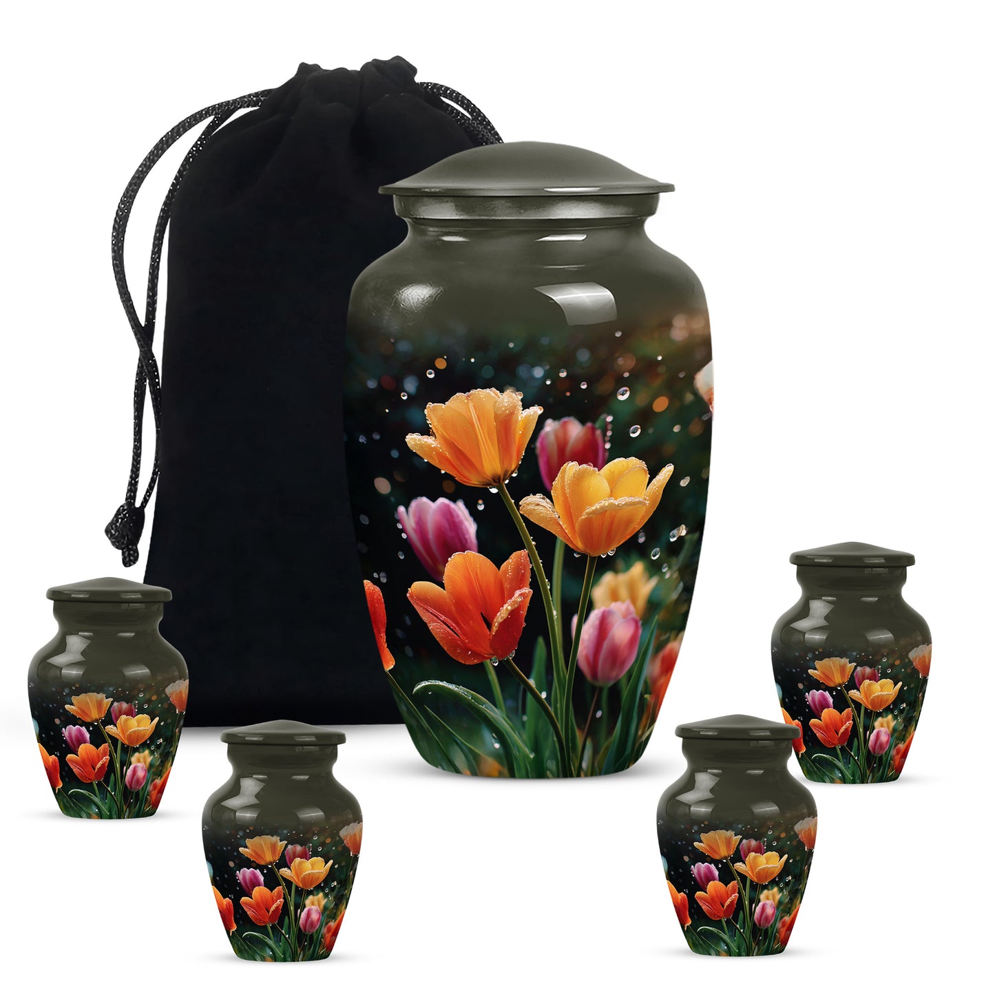 Dark Black Garden Tulip Cremation Urn top-down view of secure threaded lid - elegant classic garden tulip relief with fine detailing - memorial set with one large and four small urns