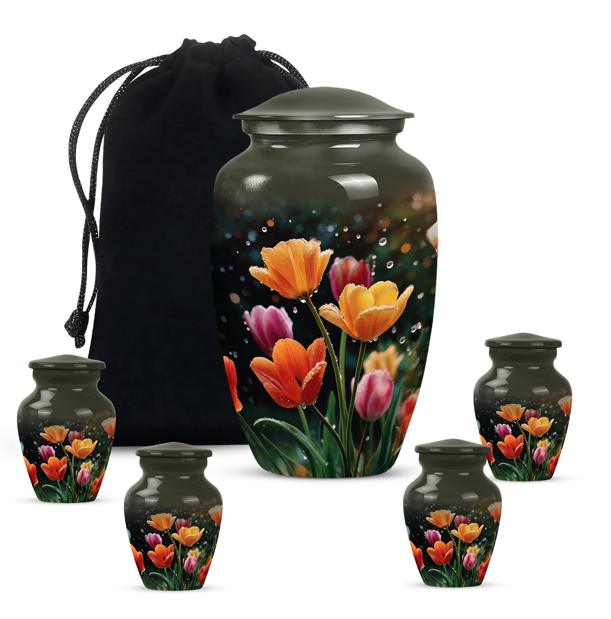 Dark Black Garden Tulip Cremation Urn top-down view of secure threaded lid - elegant classic garden tulip relief with fine detailing - memorial set with one large and four small urns