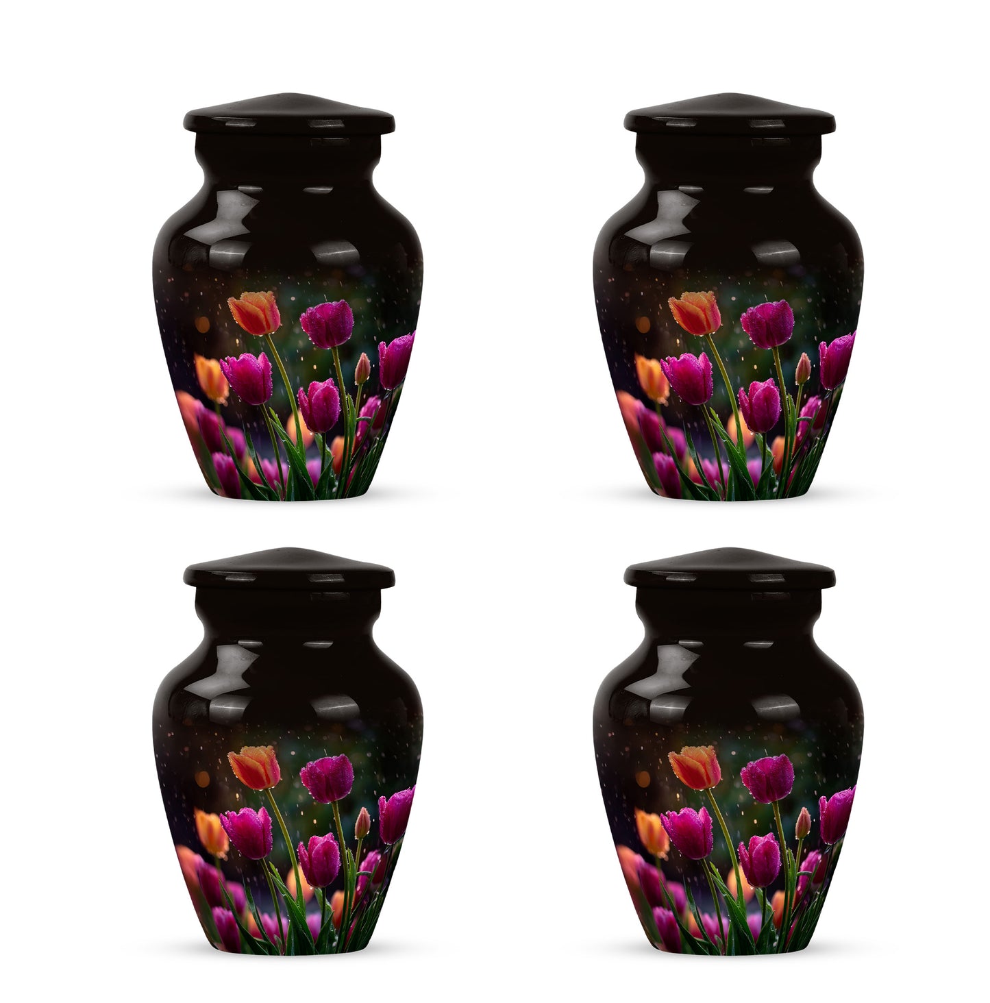 Onyx Black Garden Tulip Cremation Urn side profile showing urn shape - traditional garden tulip engraving with hand-polished finish - 10 inch aluminum urn for cremated remains