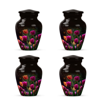 Onyx Black Garden Tulip Cremation Urn side profile showing urn shape - traditional garden tulip engraving with hand-polished finish - 10 inch aluminum urn for cremated remains