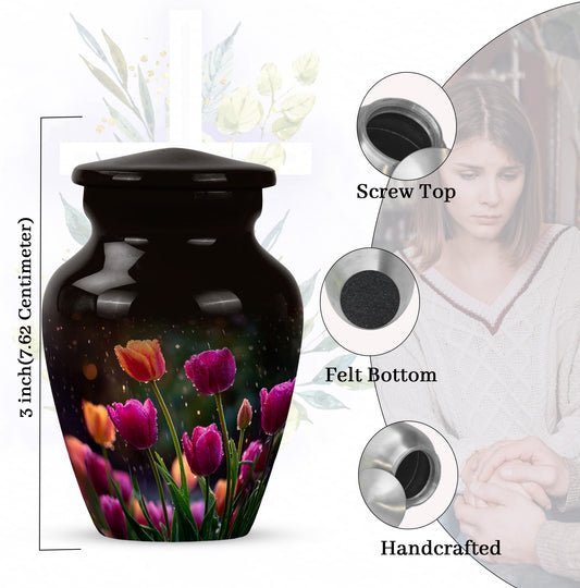 Charcoal Black Garden Tulip Cremation Urn close-up of engraving and surface detail - traditional garden tulip engraving with hand-polished finish - mini keepsake memorial for portion of cremation ashes