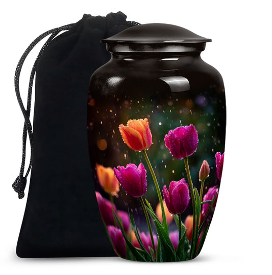 Glossy Black Garden Tulip Cremation Urn angled view of lid and engraved motif - timeless garden tulip motif etched into premium metal - full-size 10 inch 200 cubic inch adult cremation urn