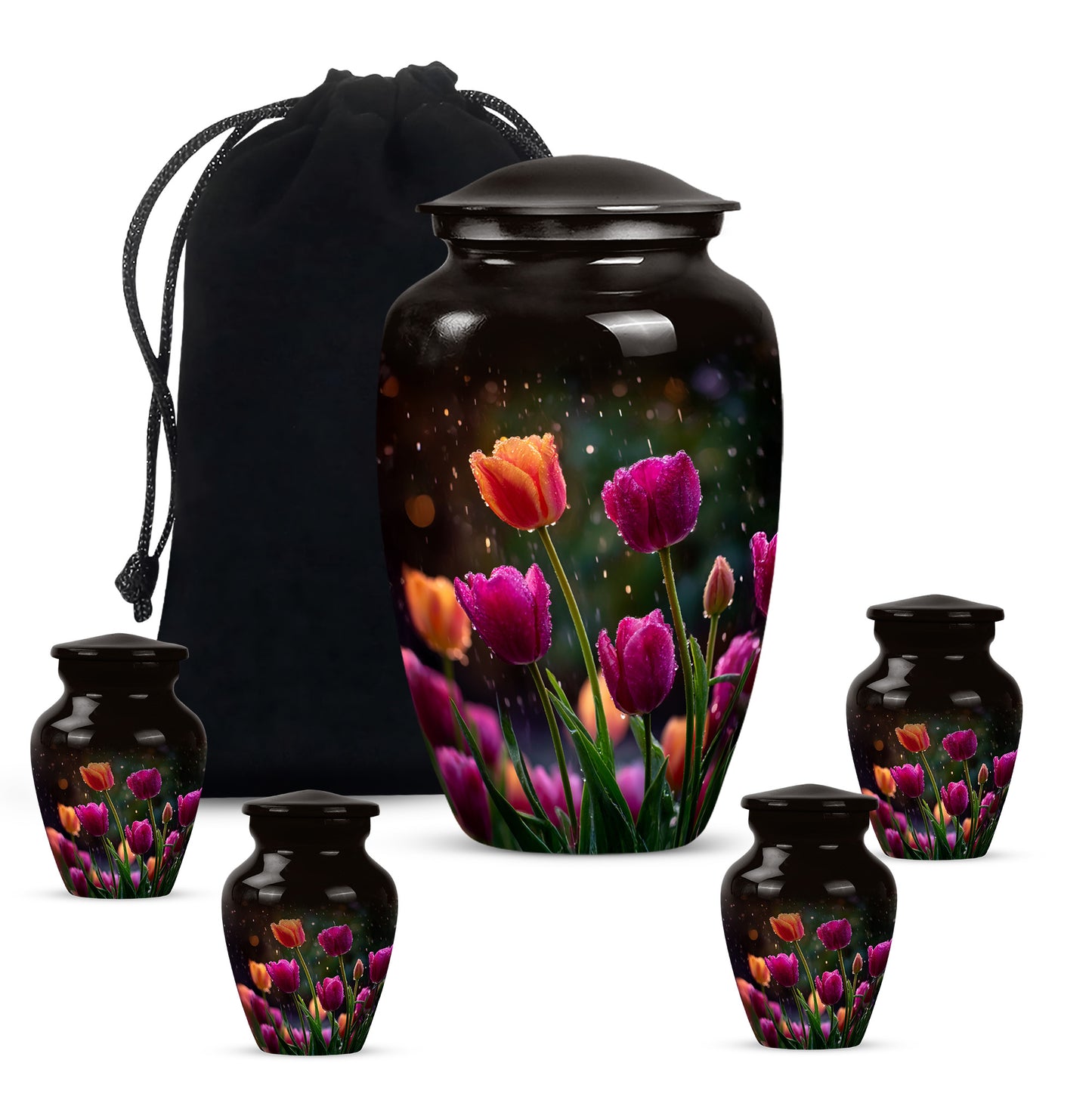 Obsidian Black Garden Tulip Cremation Urn top-down view of secure threaded lid - elegant classic garden tulip relief with fine detailing - memorial set with one large and four small urns