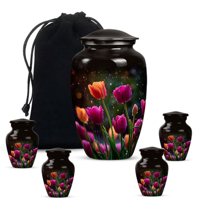 Obsidian Black Garden Tulip Cremation Urn top-down view of secure threaded lid - elegant classic garden tulip relief with fine detailing - memorial set with one large and four small urns