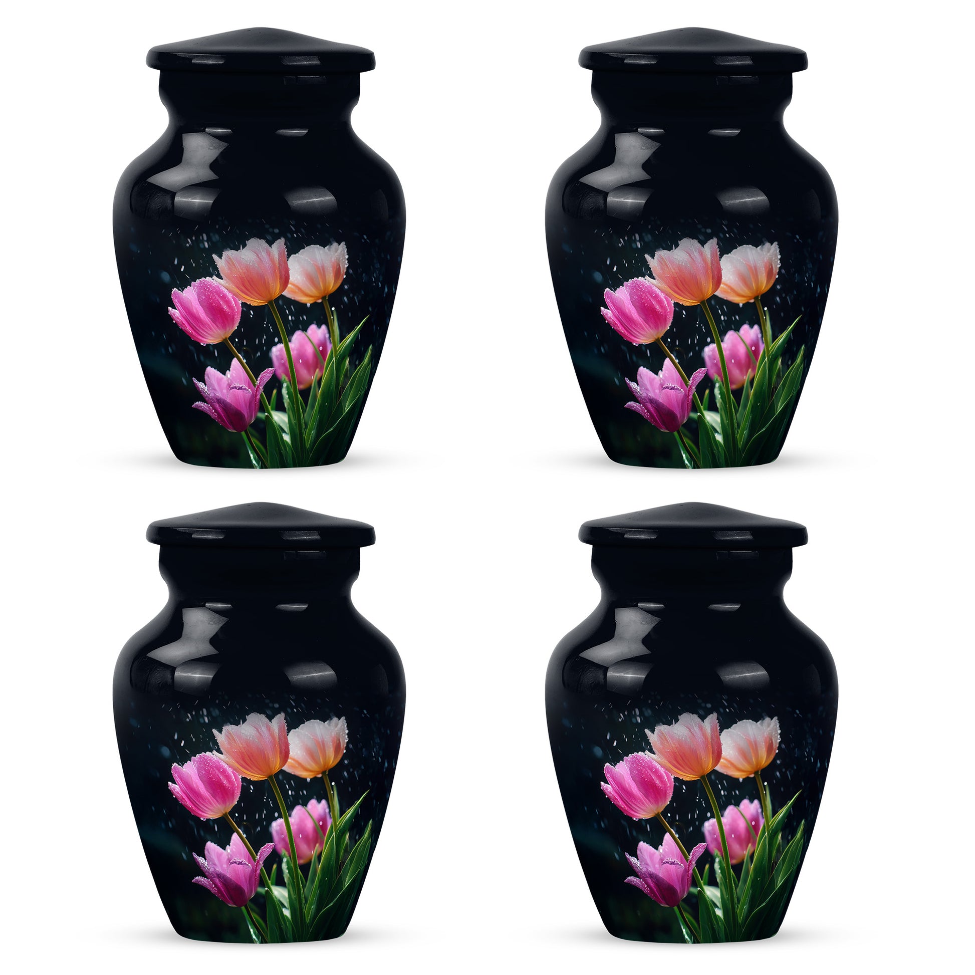 Cornflower Blue Garden Tulip Cremation Urn side profile showing urn shape - traditional garden tulip engraving with hand-polished finish - 10 inch aluminum urn for cremated remains