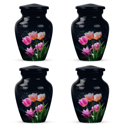 Cornflower Blue Garden Tulip Cremation Urn side profile showing urn shape - traditional garden tulip engraving with hand-polished finish - 10 inch aluminum urn for cremated remains