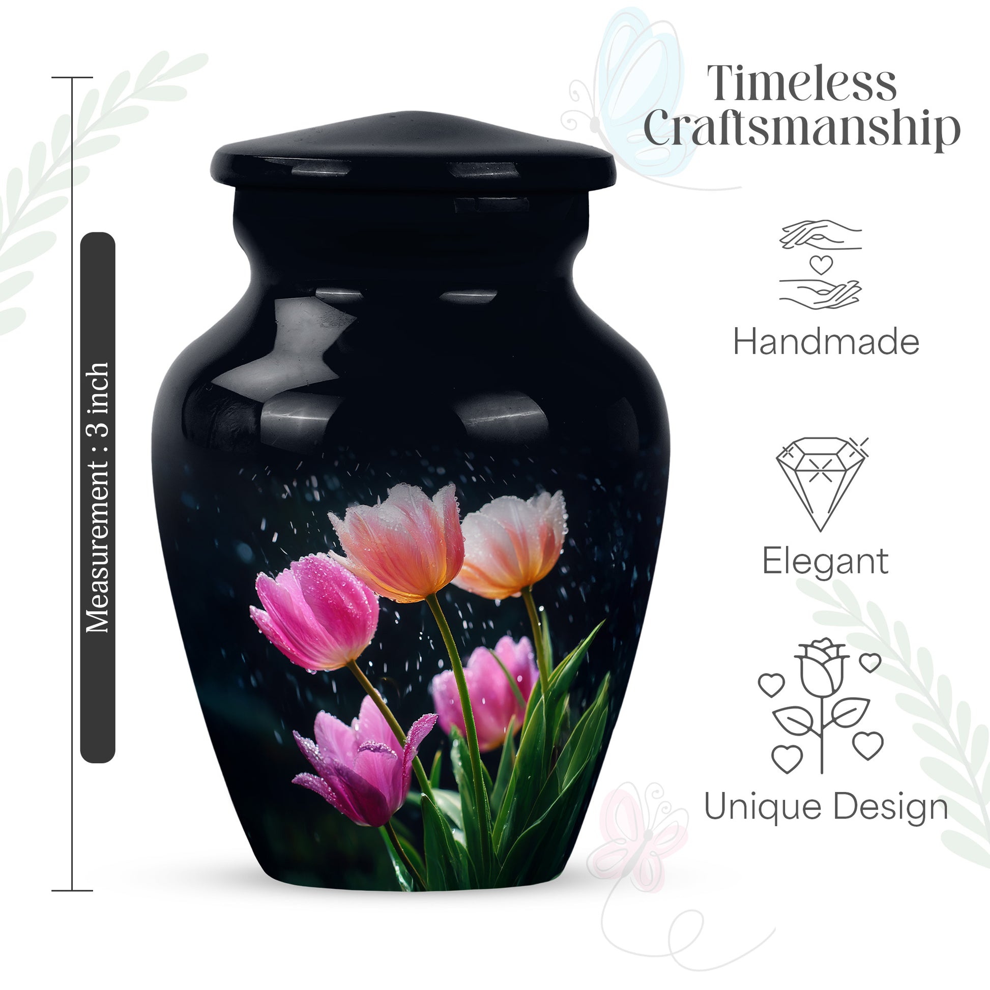 Slate Blue Garden Tulip Cremation Urn close-up of engraving and surface detail - classic sculpted garden tulip pattern on smooth aluminum - mini keepsake memorial for portion of cremation ashes
