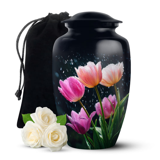 Cobalt Blue Garden Tulip Cremation Urn angled view of lid and engraved motif - traditional garden tulip engraving with hand-polished finish - full-size 10 inch 200 cubic inch adult cremation urn