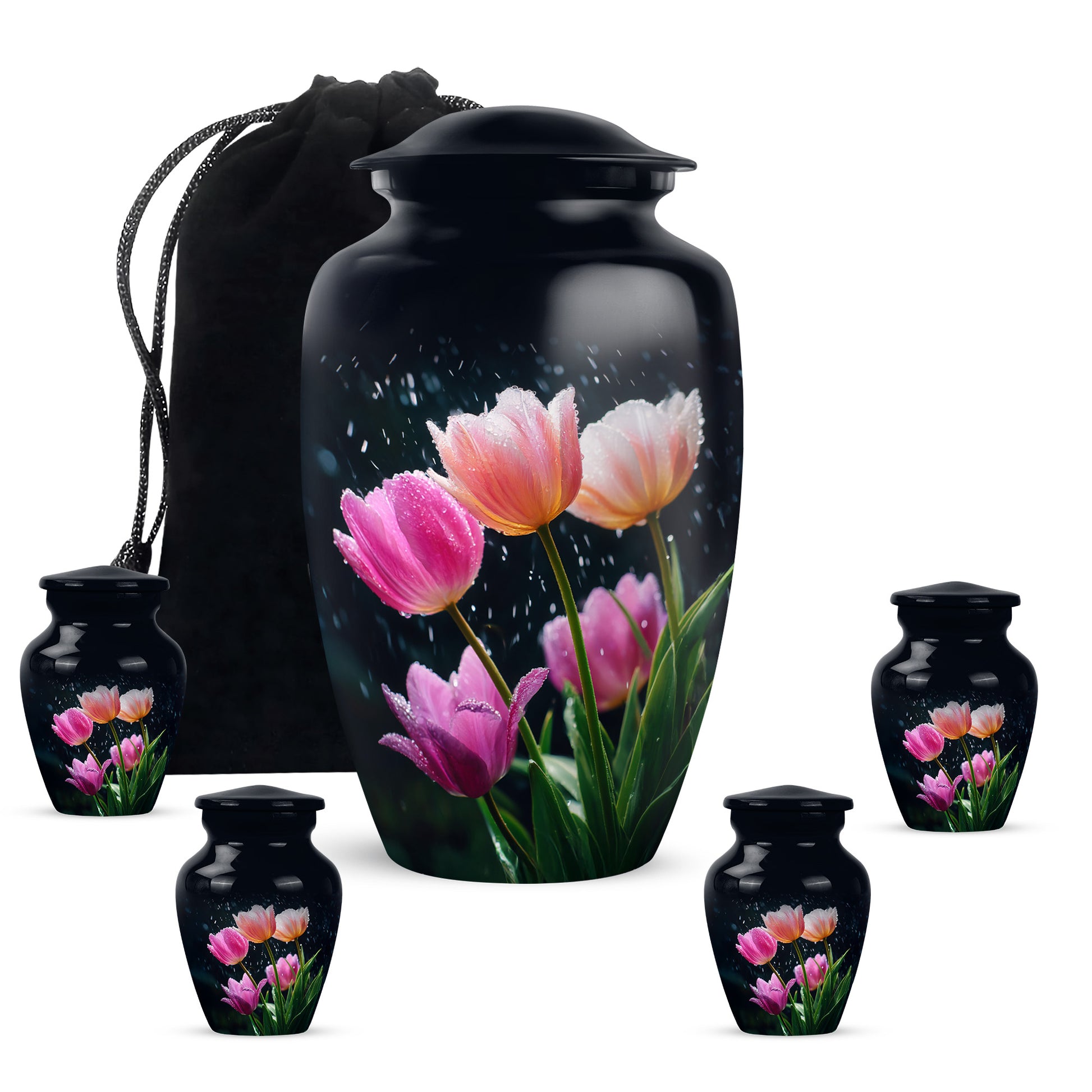 Azure Garden Tulip Cremation Urn top-down view of secure threaded lid - classic sculpted garden tulip pattern on smooth aluminum - memorial set with one large and four small urns