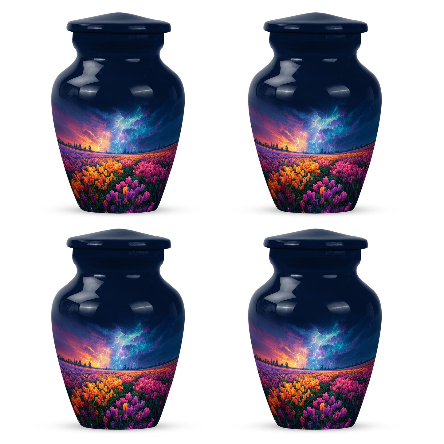 Powder Blue Garden Tulip Cremation Urn side profile showing urn shape - timeless garden tulip motif etched into premium metal - 10 inch aluminum urn for cremated remains