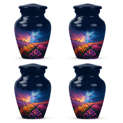 Powder Blue Garden Tulip Cremation Urn side profile showing urn shape - timeless garden tulip motif etched into premium metal - 10 inch aluminum urn for cremated remains