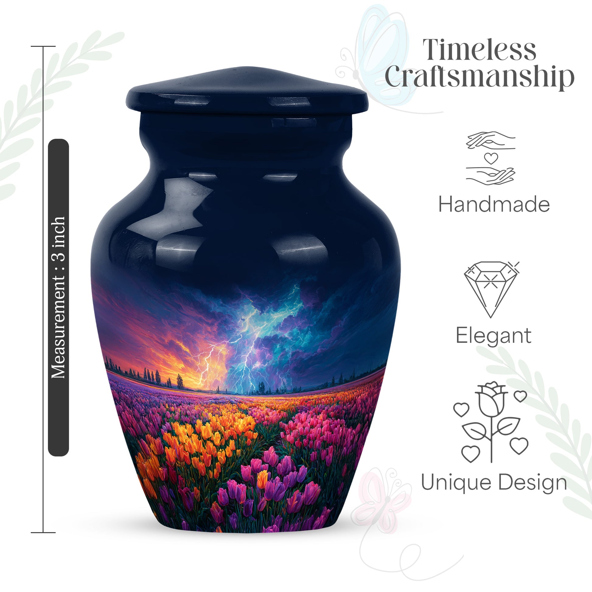 Navy Blue Garden Tulip Cremation Urn close-up of engraving and surface detail - classic sculpted garden tulip pattern on smooth aluminum - mini keepsake memorial for portion of cremation ashes