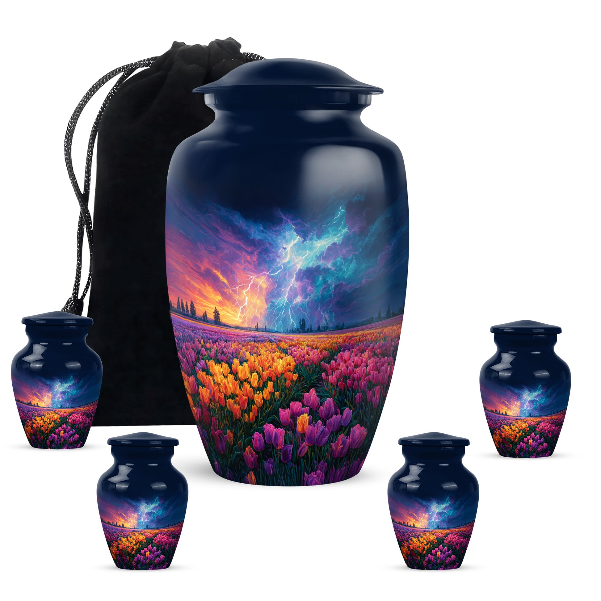 Calming Blue Garden Tulip Cremation Urn top-down view of secure threaded lid - elegant classic garden tulip relief with fine detailing - memorial set with one large and four small urns