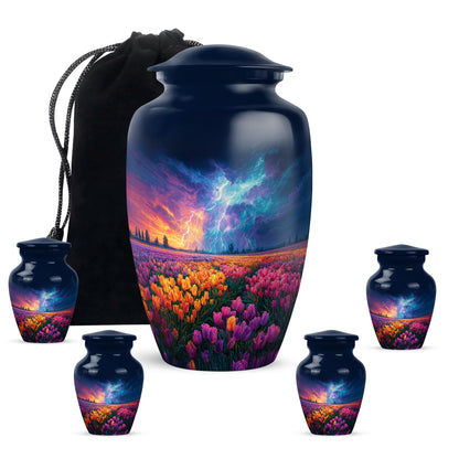 Calming Blue Garden Tulip Cremation Urn top-down view of secure threaded lid - elegant classic garden tulip relief with fine detailing - memorial set with one large and four small urns
