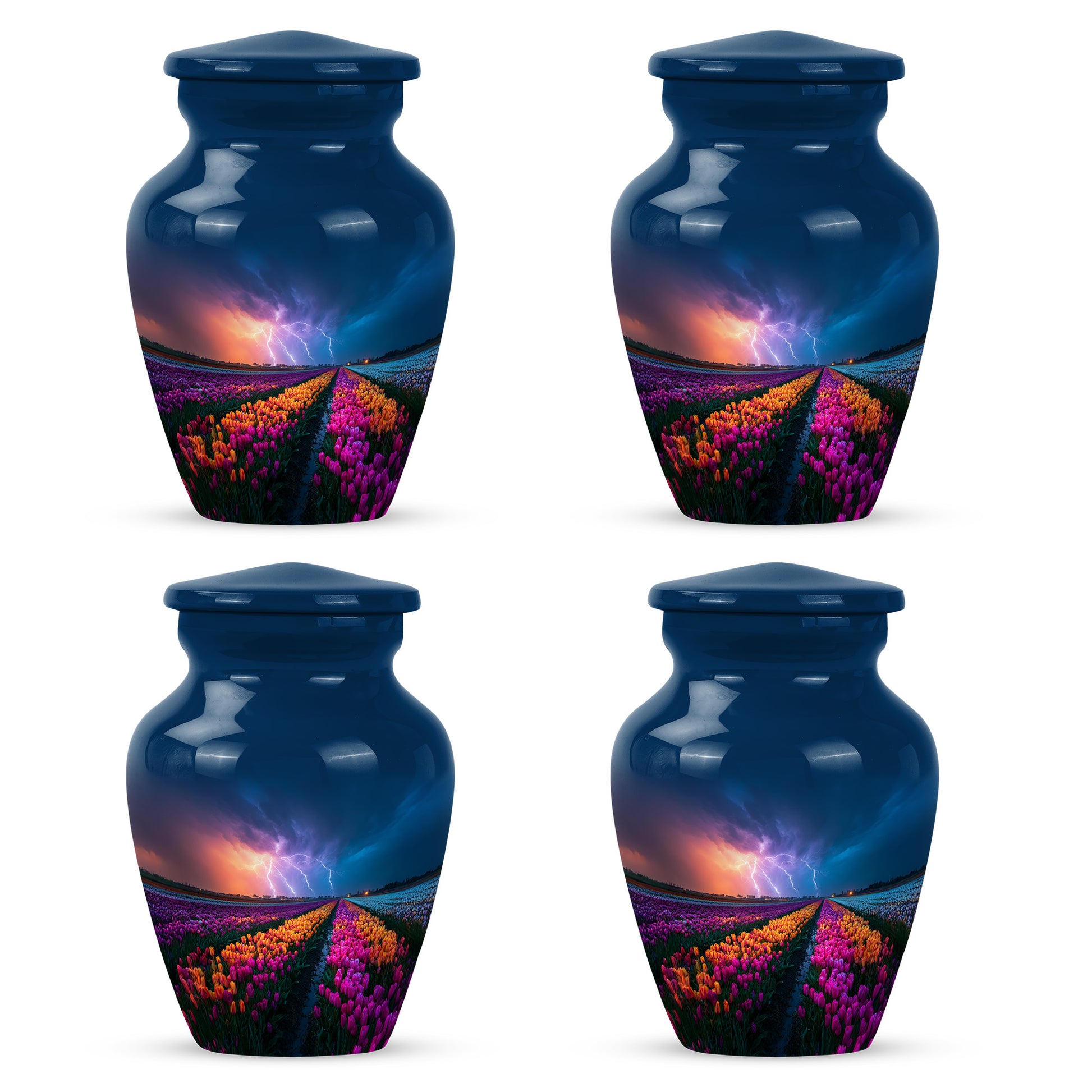 Royal Blue Garden Tulip Cremation Urn side profile showing urn shape - elegant classic garden tulip relief with fine detailing - 10 inch aluminum urn for cremated remains