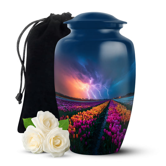 Bright Blue Garden Tulip Cremation Urn angled view of lid and engraved motif - traditional garden tulip engraving with hand-polished finish - full-size 10 inch 200 cubic inch adult cremation urn