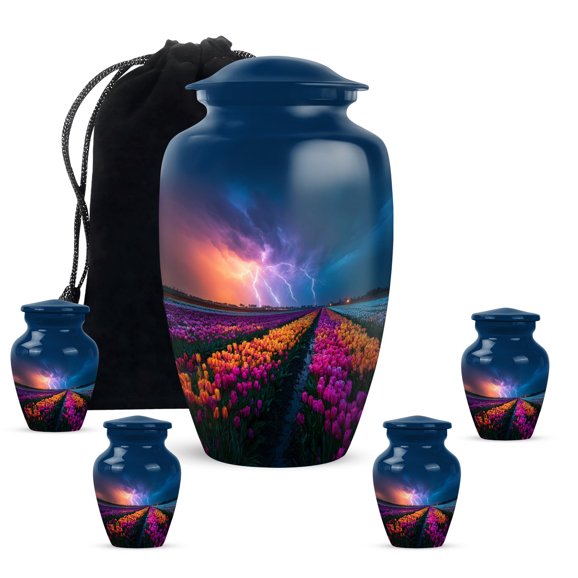 Steel Blue Garden Tulip Cremation Urn top-down view of secure threaded lid - elegant classic garden tulip relief with fine detailing - memorial set with one large and four small urns