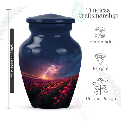 Steel Blue Garden Tulip Cremation Urn close-up of engraving and surface detail - elegant classic garden tulip relief with fine detailing - mini keepsake memorial for portion of cremation ashes