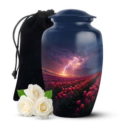 Azure Garden Tulip Cremation Urn angled view of lid and engraved motif - timeless garden tulip motif etched into premium metal - full-size 10 inch 200 cubic inch adult cremation urn