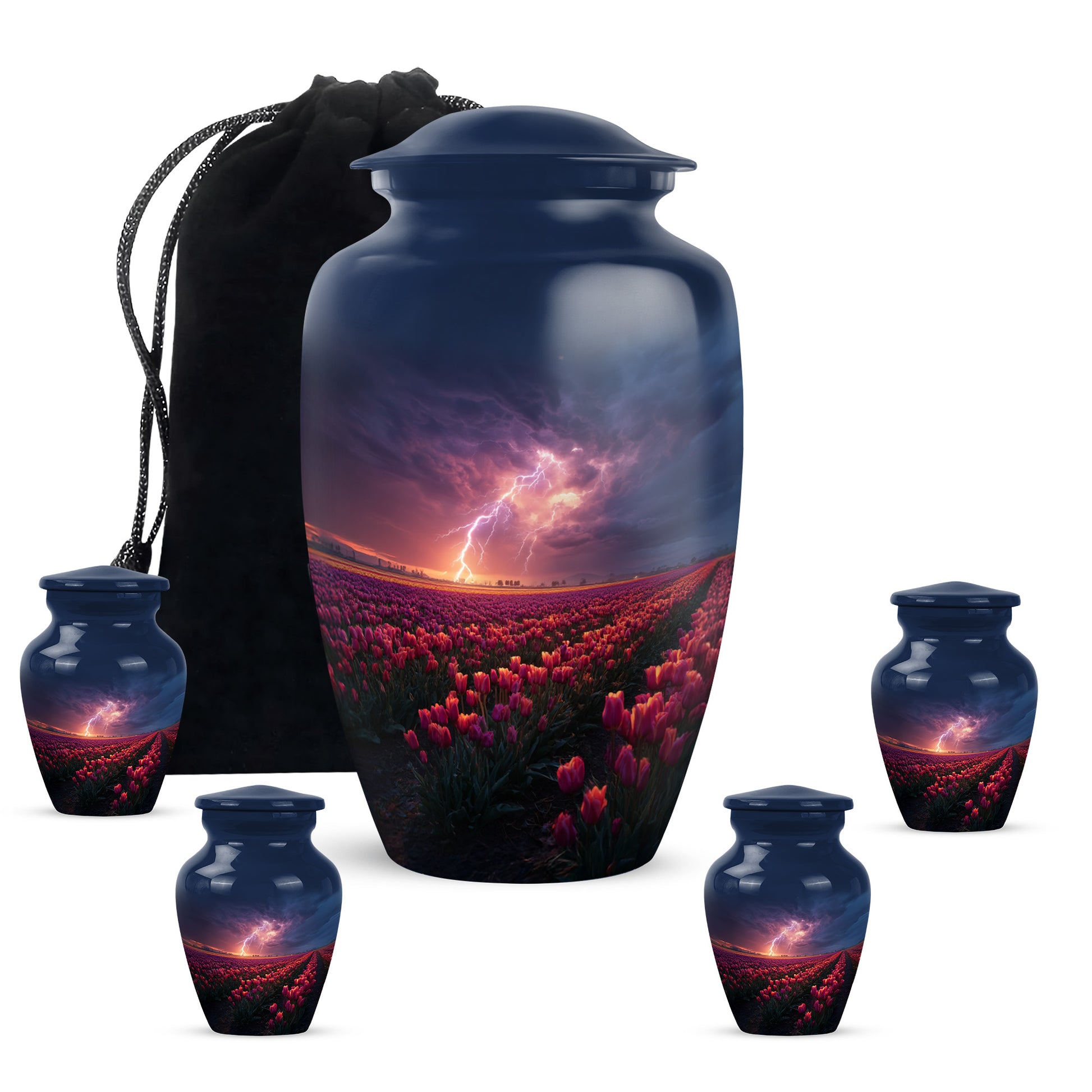 Azure Garden Tulip Cremation Urn top-down view of secure threaded lid - classic sculpted garden tulip pattern on smooth aluminum - memorial set with one large and four small urns