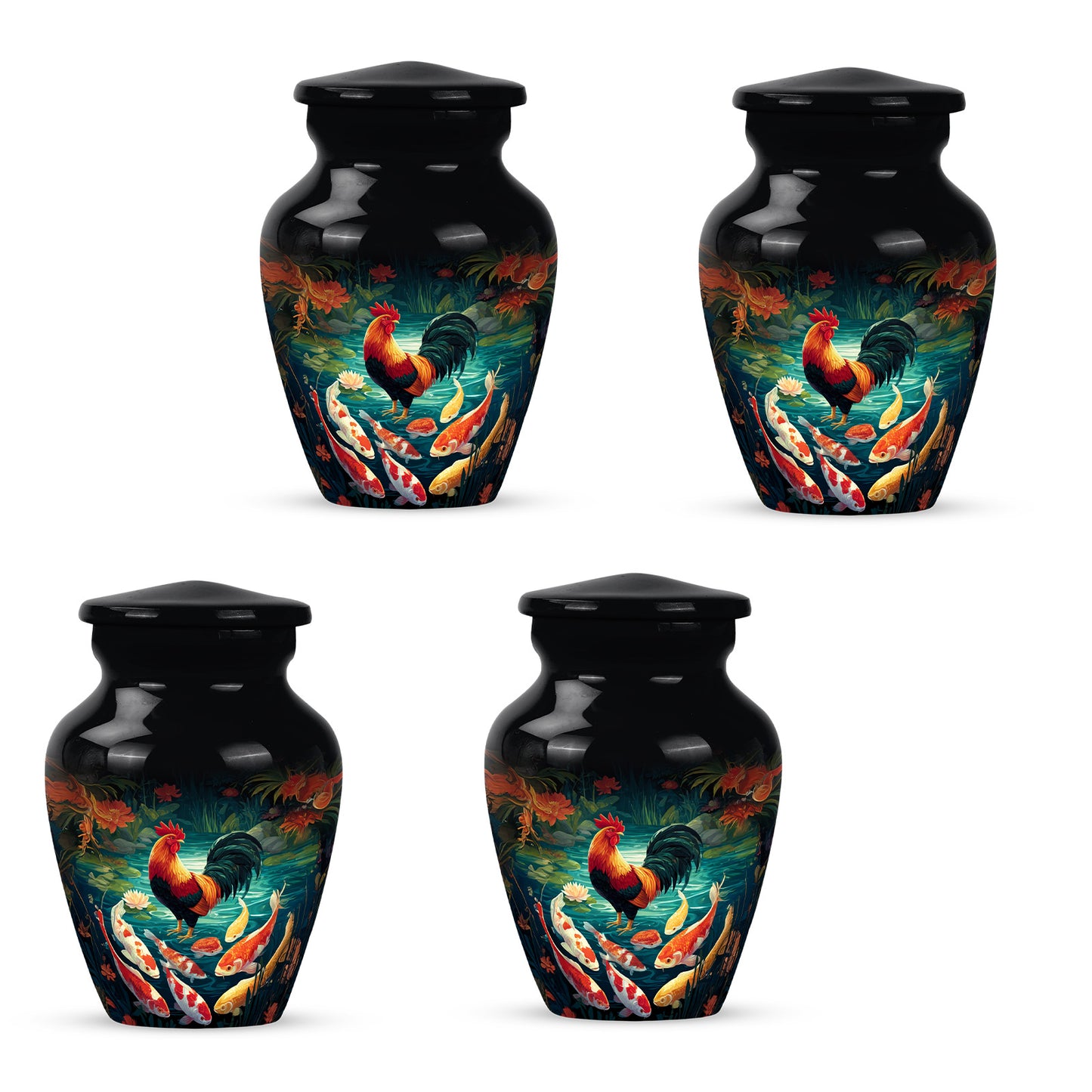 Jet Black Hen Cremation Urn side profile showing urn shape - classic sculpted hen pattern on smooth aluminum - 10 inch aluminum urn for cremated remains