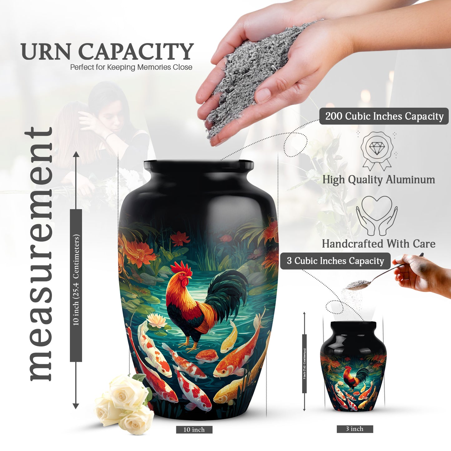 Ebony Hen Cremation Urn close-up of engraving and surface detail - classic sculpted hen pattern on smooth aluminum - mini keepsake memorial for portion of cremation ashes