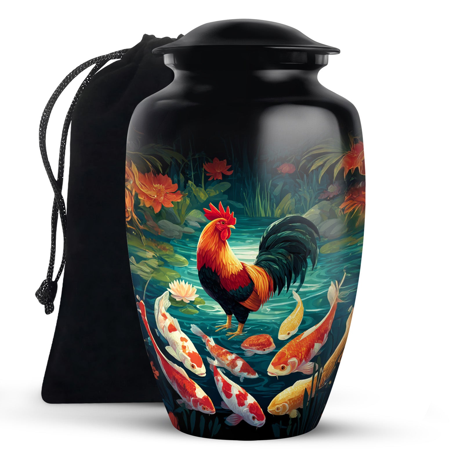 Rich Black Hen Cremation Urn angled view of lid and engraved motif - classic sculpted hen pattern on smooth aluminum - full-size 10 inch 200 cubic inch adult cremation urn