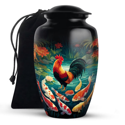 Rich Black Hen Cremation Urn angled view of lid and engraved motif - classic sculpted hen pattern on smooth aluminum - full-size 10 inch 200 cubic inch adult cremation urn