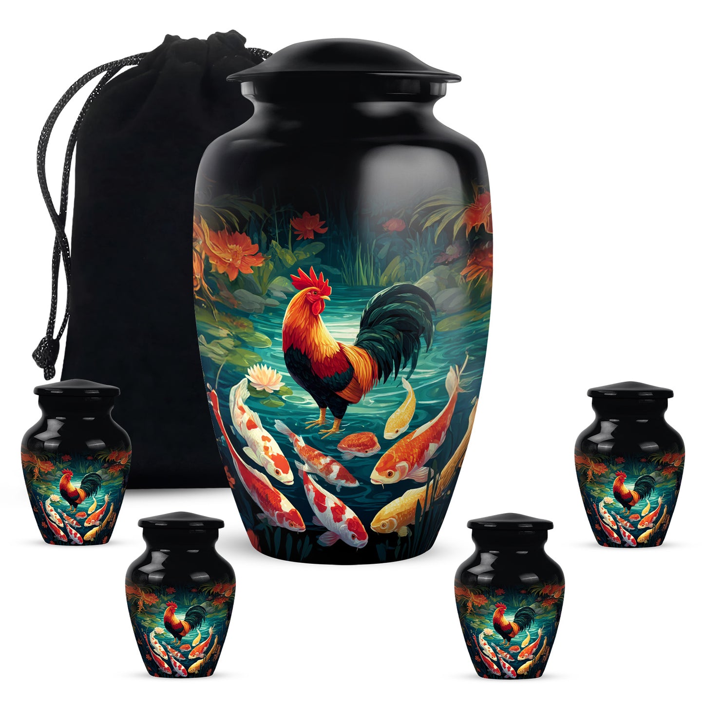 Deep Black Hen Cremation Urn top-down view of secure threaded lid - classic sculpted hen pattern on smooth aluminum - memorial set with one large and four small urns