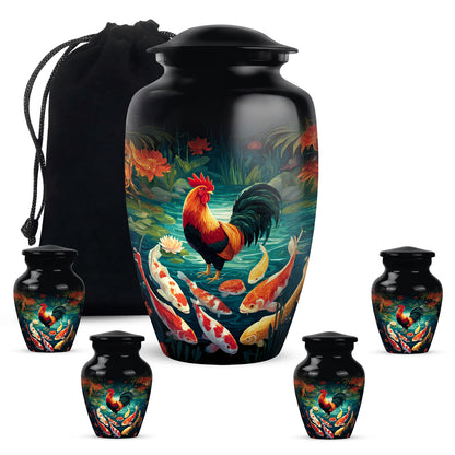 Deep Black Hen Cremation Urn top-down view of secure threaded lid - classic sculpted hen pattern on smooth aluminum - memorial set with one large and four small urns