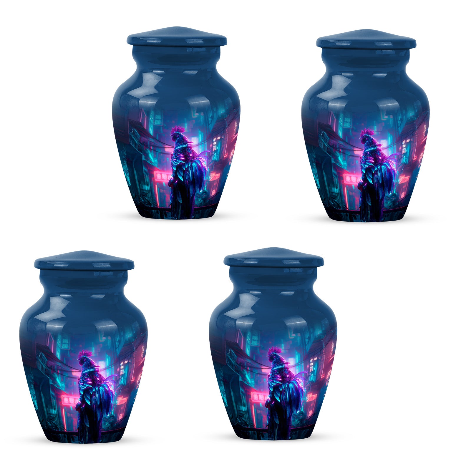 Powder Blue Hen Cremation Urn side profile showing urn shape - classic sculpted hen pattern on smooth aluminum - 10 inch aluminum urn for cremated remains