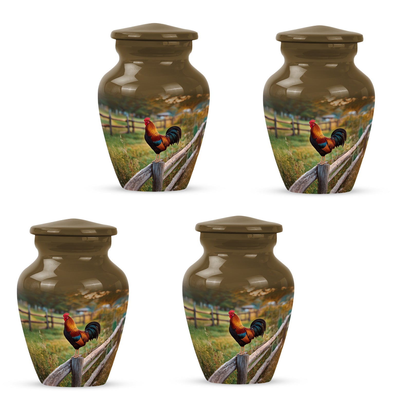 Royal Gold Hen Cremation Urn side profile showing urn shape - traditional hen engraving with hand-polished finish - 10 inch aluminum urn for cremated remains