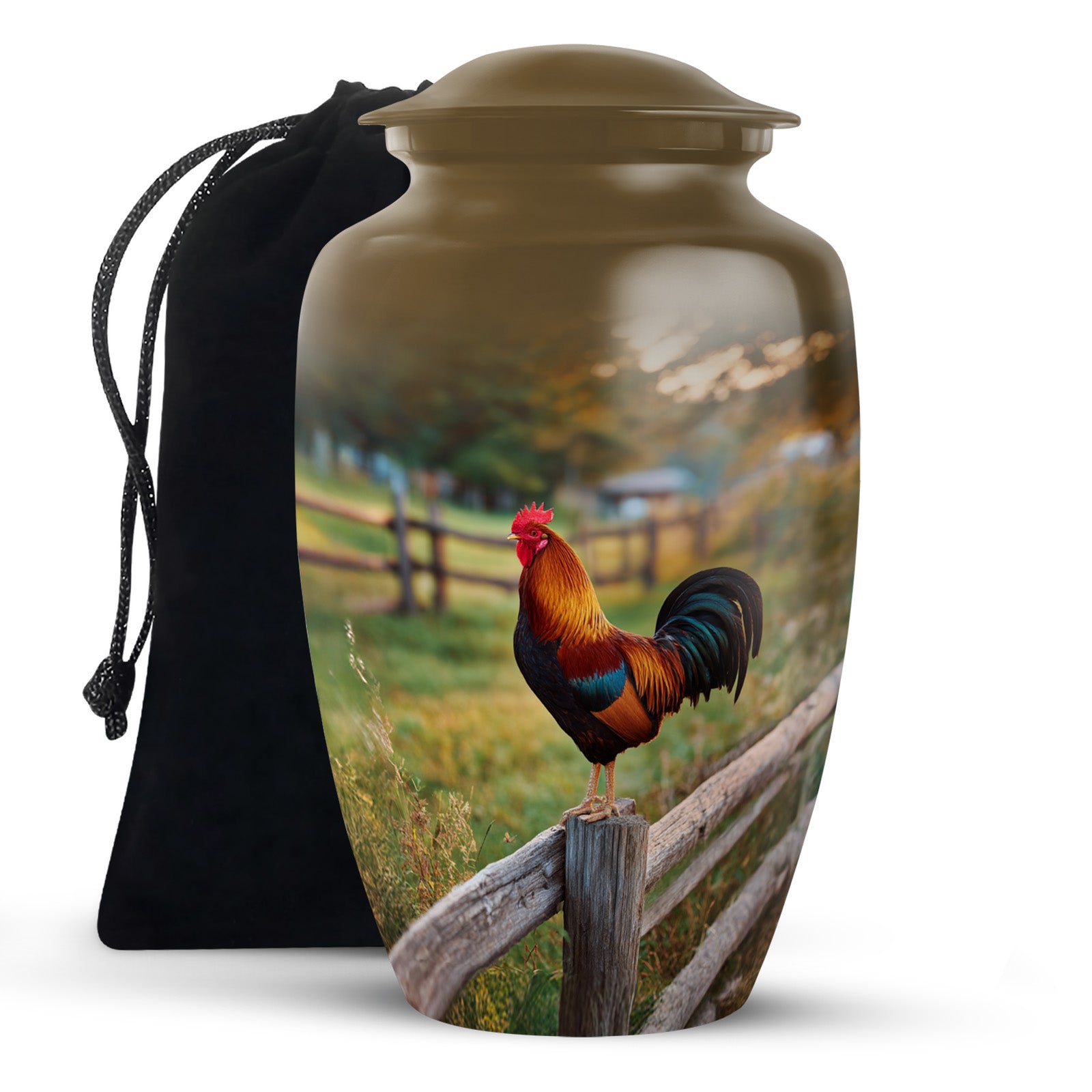 Burnished Gold Hen Cremation Urn angled view of lid and engraved motif - elegant classic hen relief with fine detailing - full-size 10 inch 200 cubic inch adult cremation urn