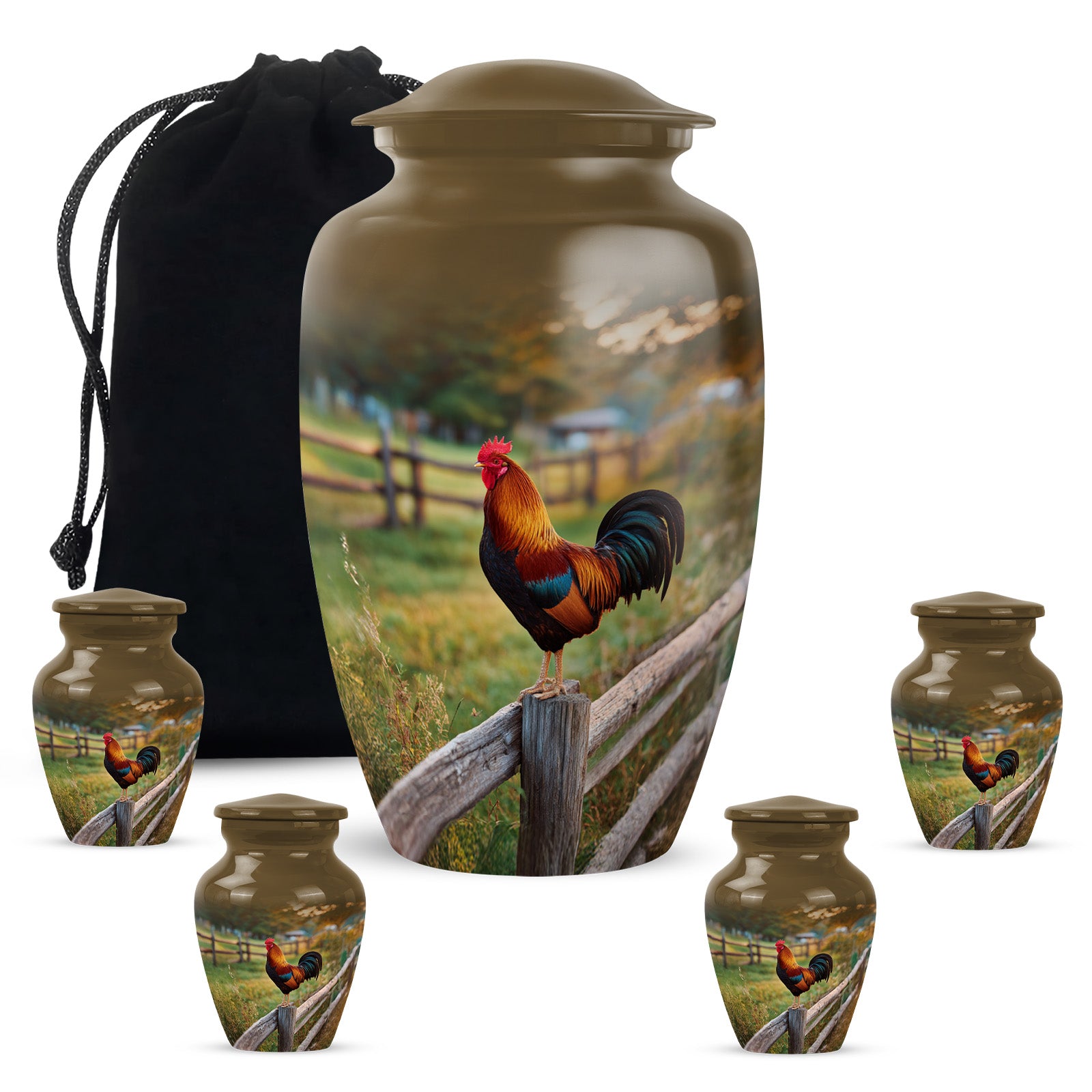 Sunrise Gold Hen Cremation Urn top-down view of secure threaded lid - classic sculpted hen pattern on smooth aluminum - memorial set with one large and four small urns