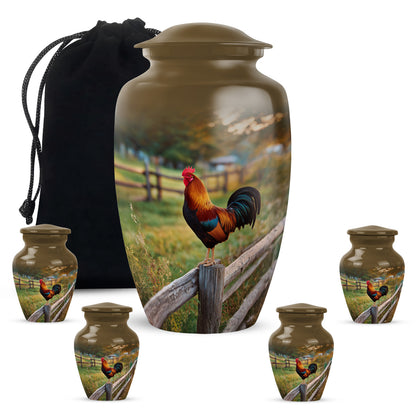 Sunrise Gold Hen Cremation Urn top-down view of secure threaded lid - classic sculpted hen pattern on smooth aluminum - memorial set with one large and four small urns