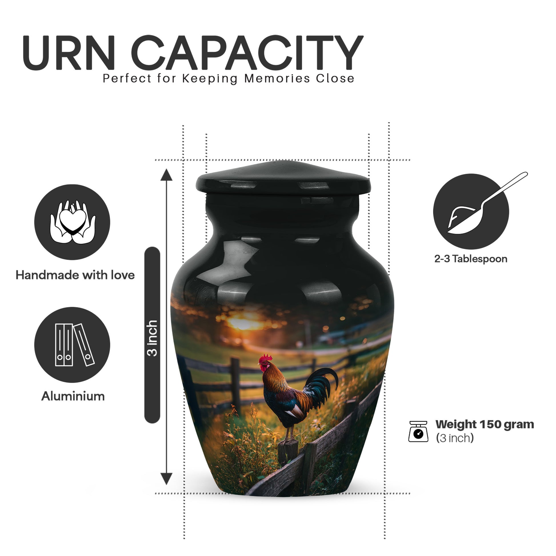 Charcoal Black Hen Cremation Urn close-up of engraving and surface detail - elegant classic hen relief with fine detailing - mini keepsake memorial for portion of cremation ashes