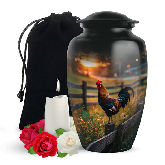 Glossy Black Hen Cremation Urn angled view of lid and engraved motif - classic sculpted hen pattern on smooth aluminum - full-size 10 inch 200 cubic inch adult cremation urn