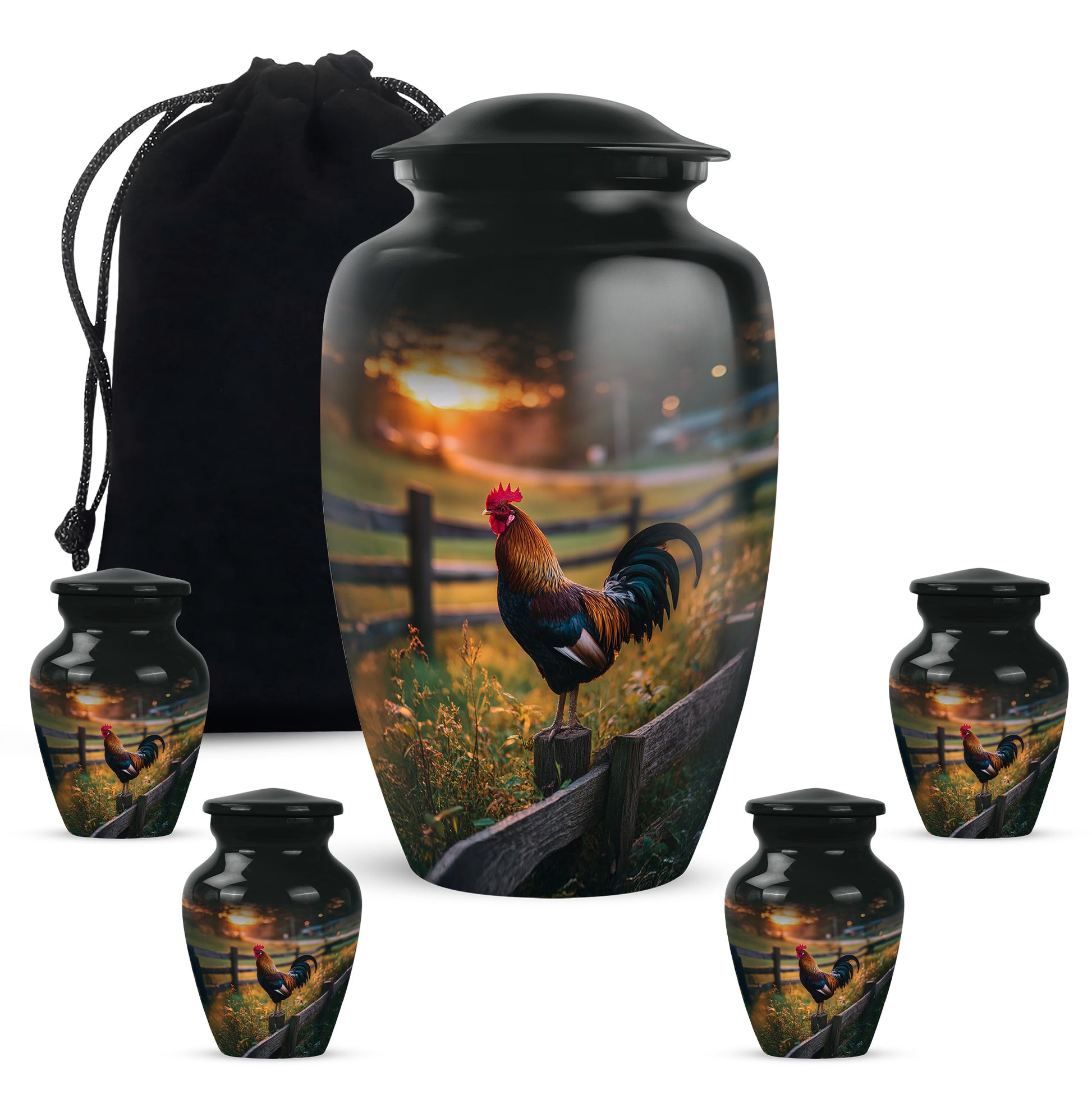 Glossy Black Hen Cremation Urn top-down view of secure threaded lid - classic sculpted hen pattern on smooth aluminum - memorial set with one large and four small urns