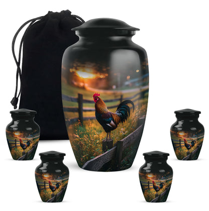 Glossy Black Hen Cremation Urn top-down view of secure threaded lid - classic sculpted hen pattern on smooth aluminum - memorial set with one large and four small urns