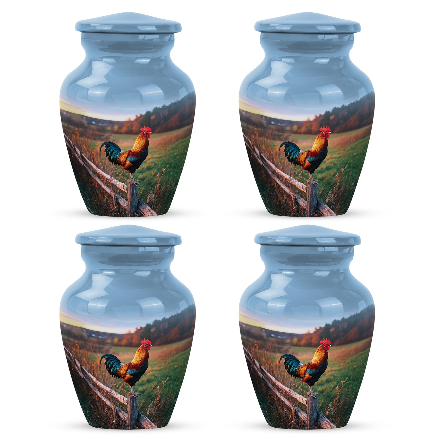 Bright Blue Hen Cremation Urn side profile showing urn shape - elegant classic hen relief with fine detailing - 10 inch aluminum urn for cremated remains