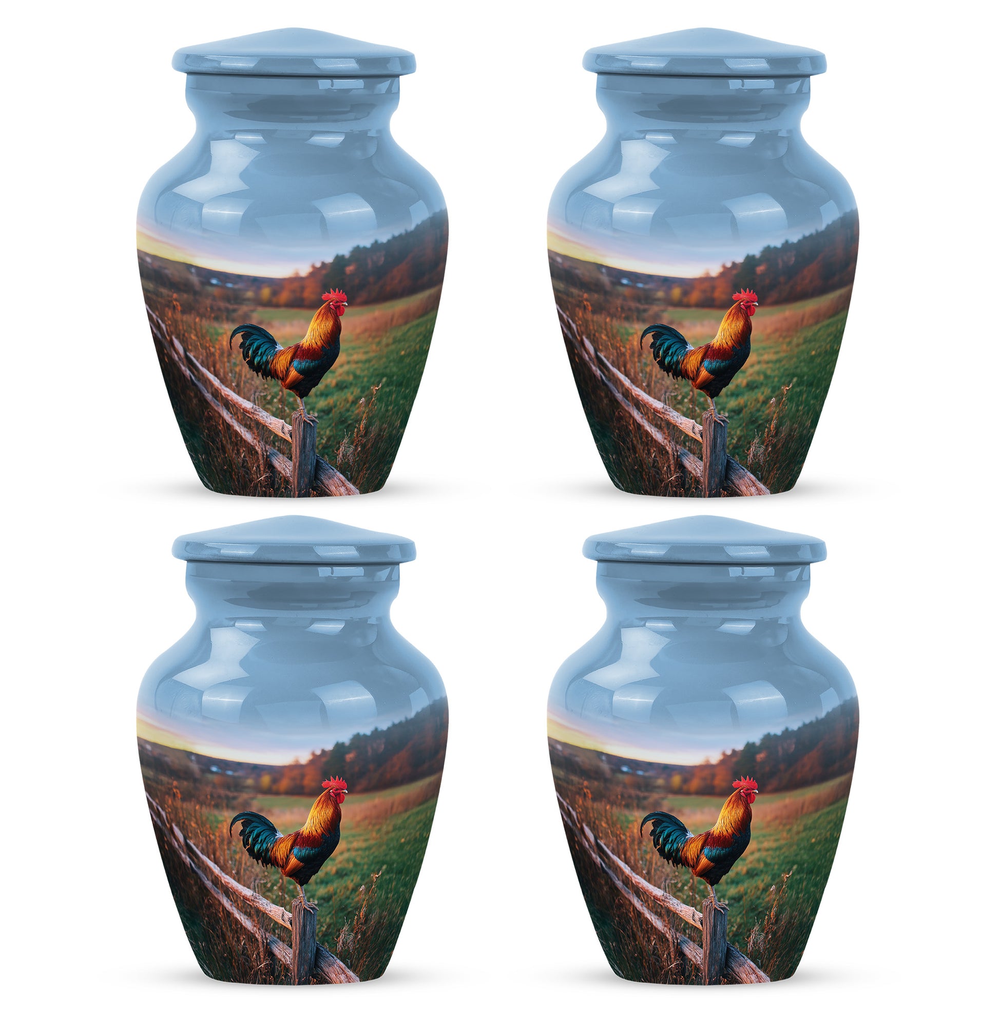 Bright Blue Hen Cremation Urn side profile showing urn shape - elegant classic hen relief with fine detailing - 10 inch aluminum urn for cremated remains